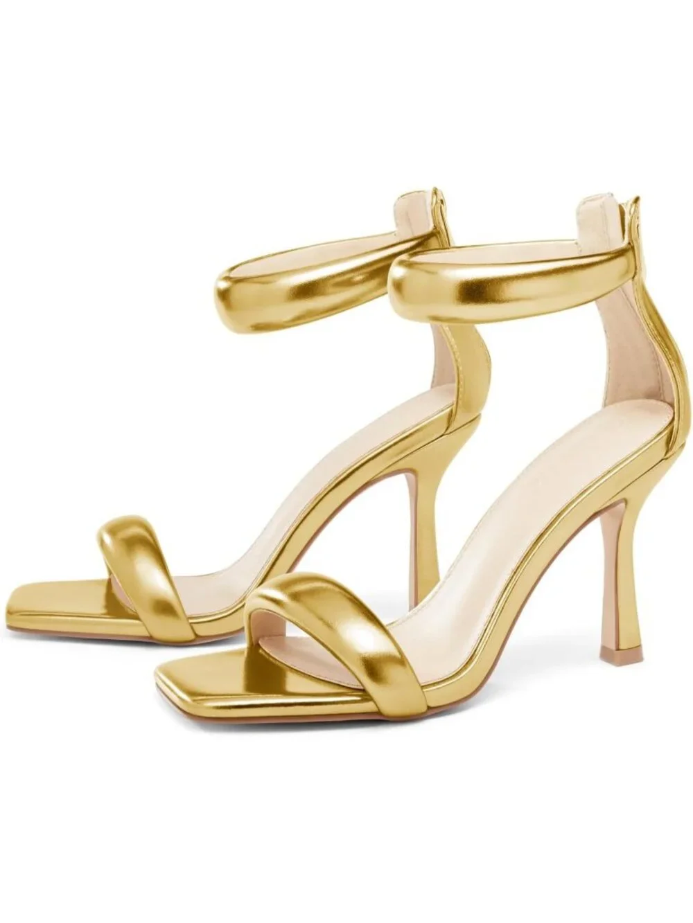 Women's Champagne Gold One Strap Sandals Square Toe Stiletto Heels Casual Shoes
